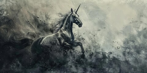 Fototapeta premium Black unicorn runs through misty field.