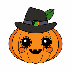 A pumpkin with a black hat on it that says Halloween white background