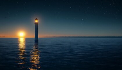 Fototapeta premium Serene Night Seascape with Illuminated Lighthouse on the Horizon