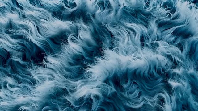This close-up shot shows blue fluffy fur-like texture in soft light. The abstract pattern evokes a sense of softness and warmth. Curly, wispy strands create a dynamic and mesmerizing visual.