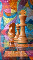 Strategic Contrasts - Wooden Chess Pieces on Colorful Abstract Art