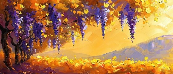   A painting depicts a tree with yellow and purple leaves against a yellow and purple sky, surrounded by majestic mountains