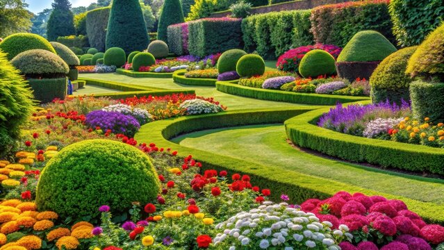 Well-maintained manicured garden with colorful flowers and neatly trimmed hedges , manicured, garden, landscaping, flowers