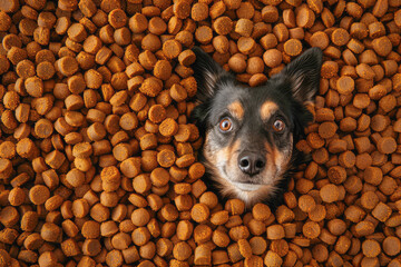 Top view of a dog on a pile of dry food with a humorous touch, showcasing its crunchy texture and natural ingredients for a healthy snack