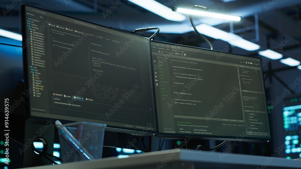 Poster computers in data center facility used for managing hardware mainframe energy consumption. close up 