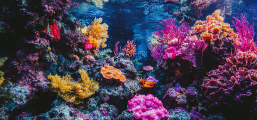 Fototapeta premium Vibrant Underwater Coral Reef Teeming With Colorful Marine Life in Clear Tropical Waters