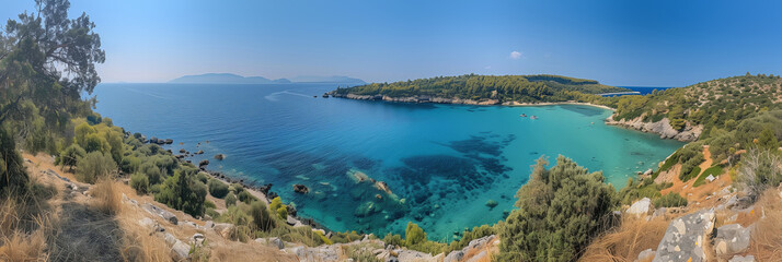 Obraz premium Panoramic View of Alonnisos Island's Secluded Cove with Clear Turquoise Waters