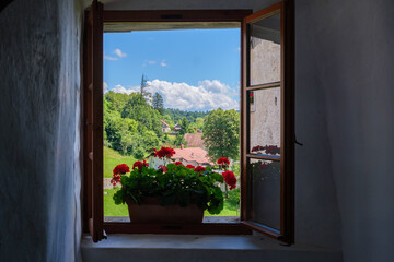 Bright flowers frame a serene view of lush greenery and blue skies from a window in Predjama Castle.