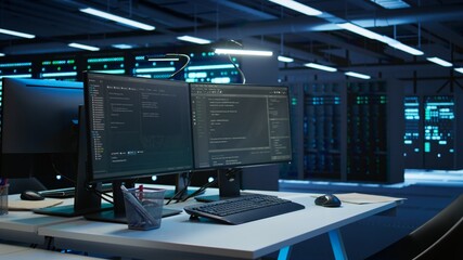 Computers in data center used for managing infrastructure rigs energy consumption. PC screens in...