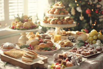 A beautifully set Christmas brunch table featuring a variety of holiday foods, with a Christmas tree in the background