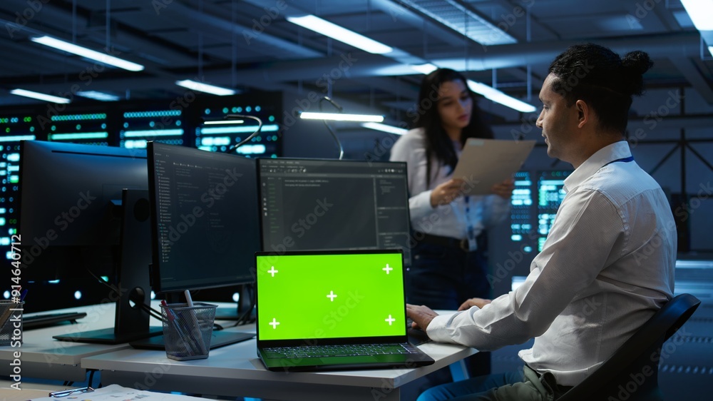 Poster data center engineer responsible for installation of networking equipment solving tasks on isolated 