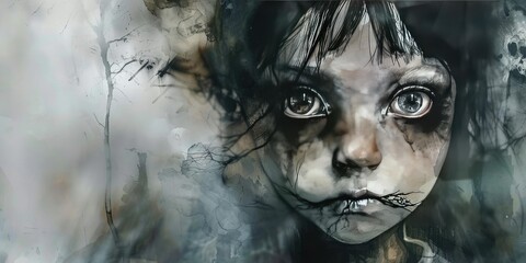 A girl's face, dark, sad, and full of fear.