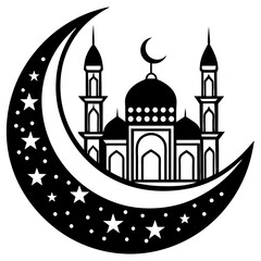 Moon with Mosque laser cut svg, Moon with Mosque laser cutting vector silhouette