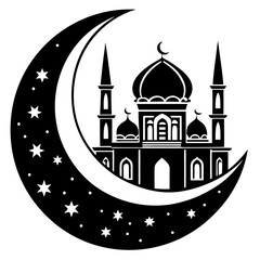 Moon with Mosque laser cut svg, Moon with Mosque laser cutting vector silhouette