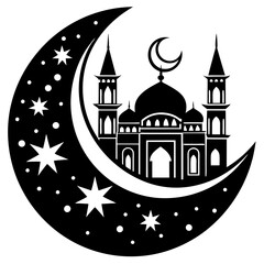 Moon with Mosque laser cut svg, Moon with Mosque laser cutting vector silhouette