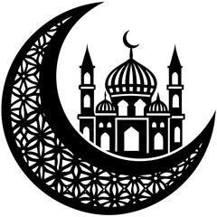 Moon with Mosque laser cut svg, Moon with Mosque laser cutting vector silhouette
