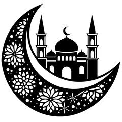 Moon with Mosque laser cut svg, Moon with Mosque laser cutting vector silhouette