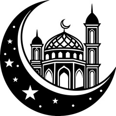 Moon with Mosque laser cut svg, Moon with Mosque laser cutting vector silhouette