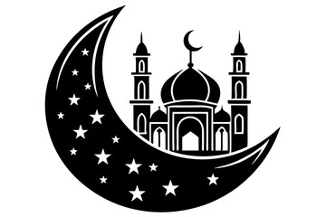 Moon with Mosque laser cut svg, Moon with Mosque laser cutting vector silhouette