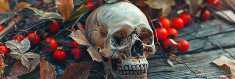 Sticker Skull in the forefront with Halloween decor