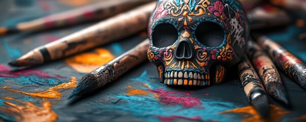 Fototapeta premium Spooky decoration ideas, vibrant colors, creative process, close-up, inviting