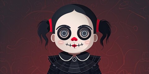 Naklejka premium Creepy doll with red bow, stitched mouth.