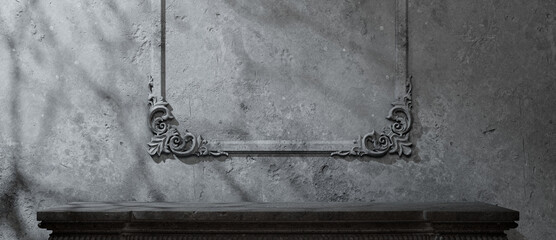 Gothic Halloween Showroom: Eerie Empty Space with Dusty Ornate Frame and Mantelpiece for a Haunting Atmosphere