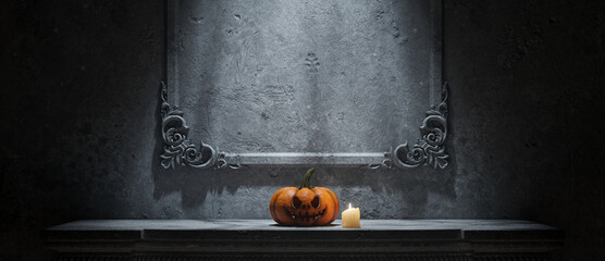 Gothic Halloween Showroom: Eerie Empty Space with Small Pumpkin, Lit Candle, and Ornate Frame for a Spooky Atmosphere