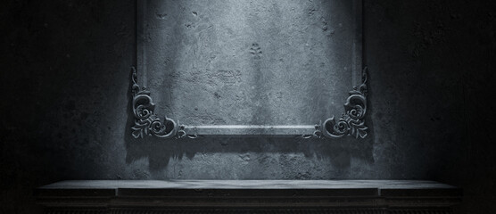 Spooky Showroom: An Empty Space with an Ornate Frame and Shelf, Perfect for Halloween Displays