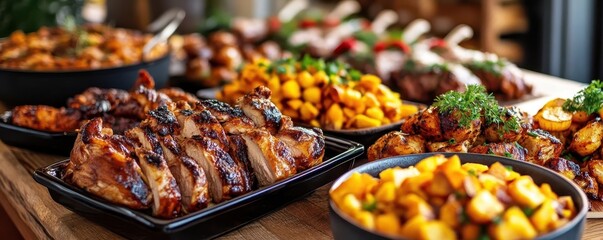 Thanksgiving day prep, vibrant colors, delicious dishes, close-up, inviting