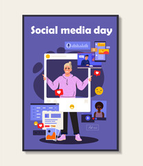 Social media day poster. Man in post frame. Promotion in messengers and social networks. Popular blogger creates interesting content. Flat vector illustration isolated on white background
