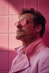Obraz premium A fashionable man wearing pink sunglasses and a stylish coat stands against a vibrant pink tiled background, enjoying the moment