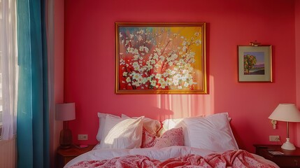  Bedroom with artwork on wall, pink comforter, and pillows on bed