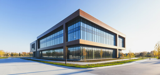 Obraz premium Modern Office Building With Large Windows Surrounded By Green Landscaping In Bright Daylight