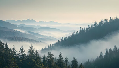 Green mountain forest landscape on a foggy day. Dark and moody forest in a haze. dense pine forest silhouettes in a Misty morning winter season outdoor nature background. 