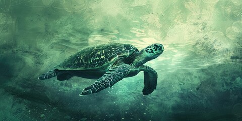 Fototapeta premium Sea turtle swimming in turquoise water.