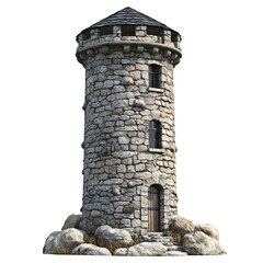 Stone Watchtower: A weathered stone watchtower stands tall against a clear sky, its rugged facade hinting at a history of watchful vigilance and secrets whispered in the wind.  