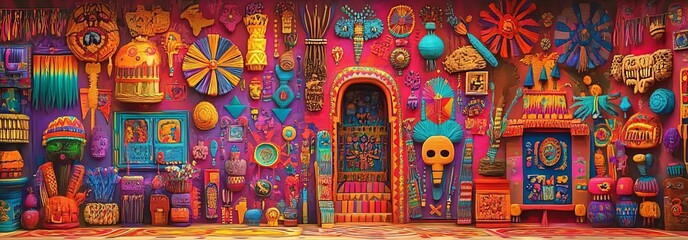 Fototapeta premium A vibrant, colorful mural adorned with traditional motifs, showcasing rich cultural heritage and artistic expression.
