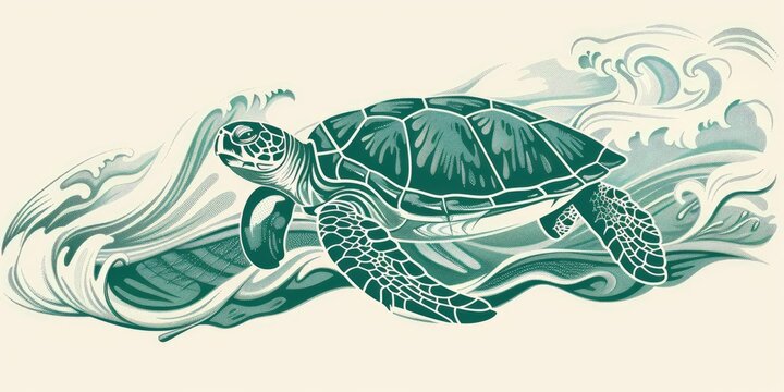 Green sea turtle swimming through waves.