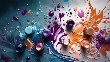 Fototapeta premium White and blue background with bottles of nail polish, spilled polish, and splashed drops of polish. An abstract, decorative art.