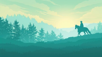 Fototapeta premium A landscape featuring a silhouette of a rider on horseback amidst tranquil hills and forest at sunrise.