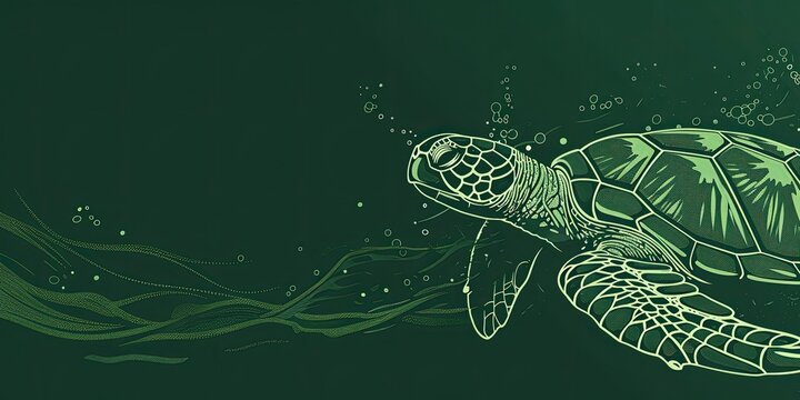 Sea turtle swimming in green water.