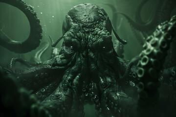 Fototapeta premium Cthulhu in the Depths, Primal Horror Sleeps Beneath the Waves Halloween