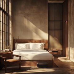 A cozy and inviting bedroom with a minimalist design and warm, natural tones.