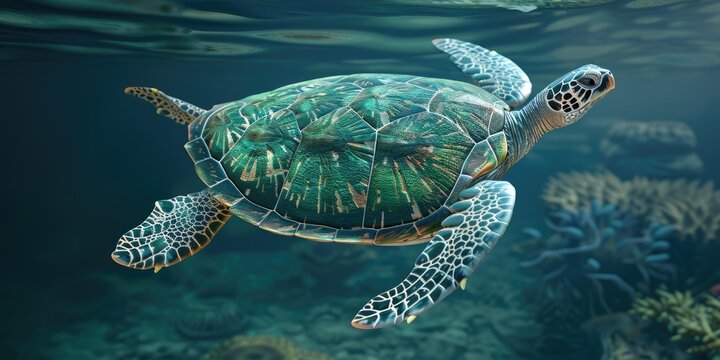 Sea turtle swimming through coral reef.