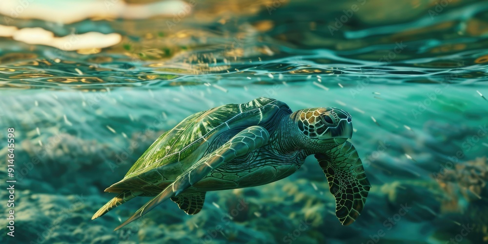 Wall mural A green sea turtle swims in the ocean.