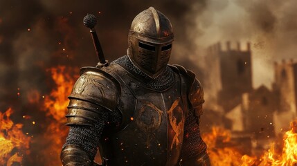 Fototapeta premium Dramatic Portrait of a Knight in Full Armor Standing Amidst Flames in a Medieval Battle Scene