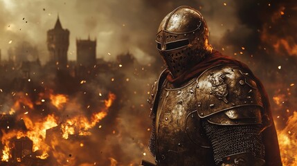 Fototapeta premium Dramatic Portrait of a Knight in Full Armor Standing Amidst Flames in a Medieval Battle Scene