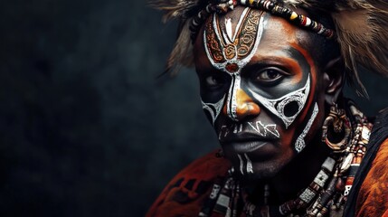Dramatic Portrait of a Man with Tribal Face Paint and Traditional Beadwork