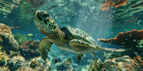 Fototapeta premium Sea turtle swims through underwater coral reef.
